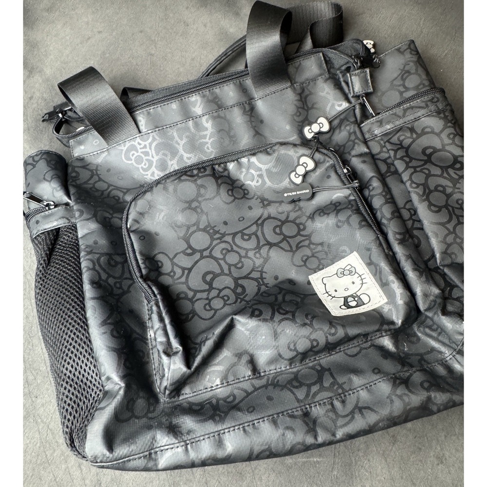 Hello Kitty Sanrio Black Nylon Multi-Pocket Tote Zipper Bag Cute‎ Kawaii Travel